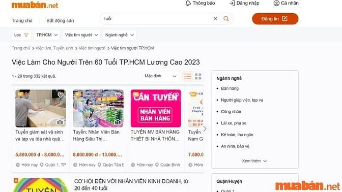 Tìm việc làm cho người trên 60 tuổi TP.HCM tại Muaban.net