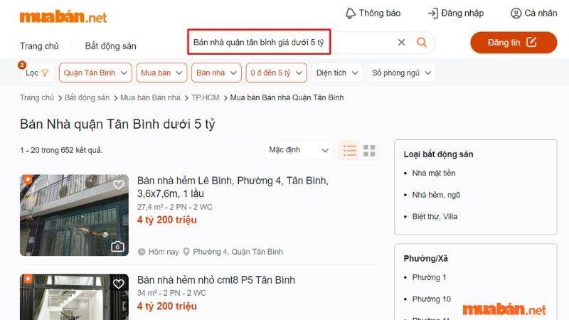 Tìm tin đăng bán nhà Tân Bình dưới 5 tỷ trên Muaban.net