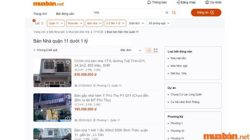 Có rất nhiều các tin đăng mỗi ngày về mua bán nhà quận 11 dưới 1 tỷ trong website Muaban.net