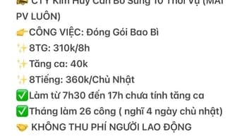 Cần Tuyển Gấp LDPT 15 Nam Nữ 18-55Tuổi