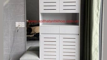 Tủ Giày Kết Hợp Ghế Ngồi Màu Xám Nhạt Gỗ MDF Bền Đẹp