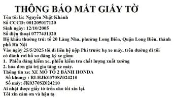 THÔNG BÁO MẤT GIẤY TỜ Phiếu đăng kiểm và hoá đơn giá trị gia tăng