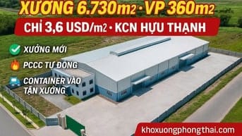 Cho thuê nhà xưởng KCN IDICO Hựu Thạnh,Long An,KV: 10.000m2,X: 6.730m2