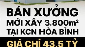 Bán Xưởng Mới Xây 3.800m2 Tại KCN Hòa Bình , Giá Chỉ :  43.5 Tỷ ( TL)