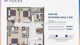 Căn 3 Phòng ngủ, Giá bán: 3 tỷ 1,Tầng cao thoáng,Căn góc tại The Felix