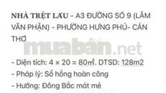 Nhà mặt tiền 128m2, 3 phòng ngủ, đường số 9, KDC 586 Cần Thơ