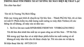 Thông báo tìm phiếu xuất xưởng XMĐ bị thất lạc