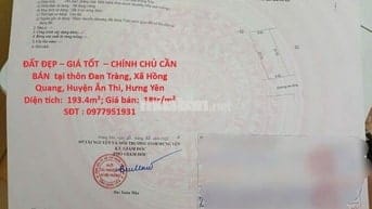 CHỦ CẦN BÁN  tại thôn Đan Tràng, Xã Hồng Quang, Huyện Ân Thi, Hưng Yên