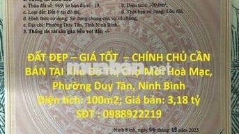 CẦN BÁN TẠI Khu Đô Thị Chợ Mới Hoà Mạc, Phường Duy Tân, Ninh Bình