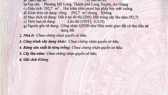 Bán đất trung tâm TP Long Xuyên DT293m2 đường Hồ Xuân Hương,P. Mỹ Long