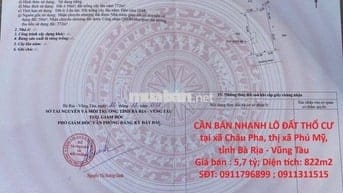 BÁN ĐẤT THỔ CƯ tại xã Châu Pha, thị xã Phú Mỹ, tỉnh Bà Rịa - Vũng Tàu