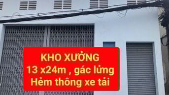 kho xưởng 13x24m,gác lửng ,hẻm 8m giá 30tr/tháng 