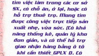 2 VC lớn tuổi tìm việc làm, có chỗ ăn, ở lại.