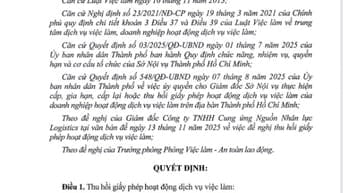 Bố cáo quyết định thu hồi giấy phép hoạt động dịch vụ việc làm