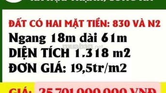 BÁN ĐẤT 2 MẶT TIỀN ĐƯỜNG 830 & N2 – XÃ HỮU THẠNH, LONG AN