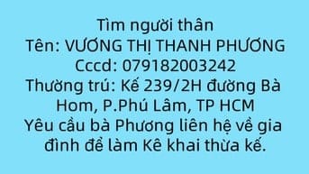 Thông Báo Tìm Người Thân Để Kê Khai Thừa Kế