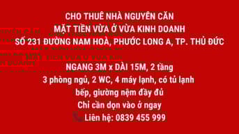 CHO THUÊ NHÀ NGUYÊN CĂN – MẶT TIỀN 231 NAM HOÀ, PHƯỚC LONG A, Q.9
