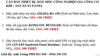 CẦN BÁN THIẾT BỊ, MÁY MÓC CÔNG NGHIỆP GIA CÔNG CƠ KHÍ – SẢN XUẤT PANEL