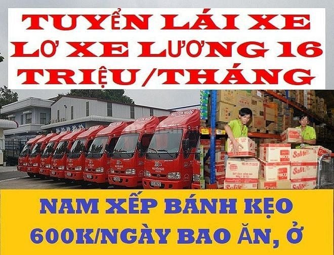 Tuyển Tài Xế B2-C, Lơ Xe Tải, Nam Xếp Kho 16tr/Tháng