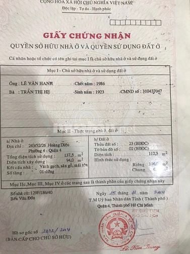 Chính chủ bán nhà: 243/32/26 Hoàng Diệu, Phường 4, Quận 4, Tp. HCM