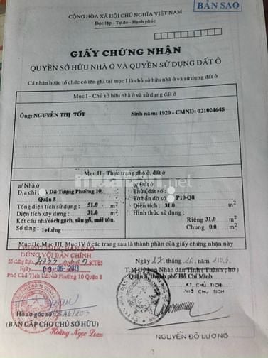 Bán Nhà Đ.Dã Tượng , Phường 10, Quận 8,DT 31m2-910 Triệu,Sổ Hồng Riêng