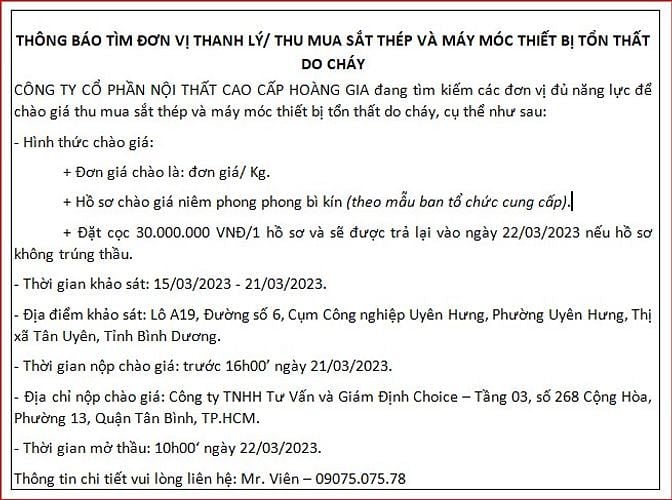 THÔNG BÁO TÌM ĐƠN VỊ THANH LÝ/ THU MUA SẮT THÉP VÀ MÁY MÓC THIẾT BỊ 