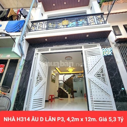 Nhà mới, 1trệt, 1lầu, 4,2mx12m. DTSD 100m2, Hẻm 314 Âu Dương, 5,3 tỷ 