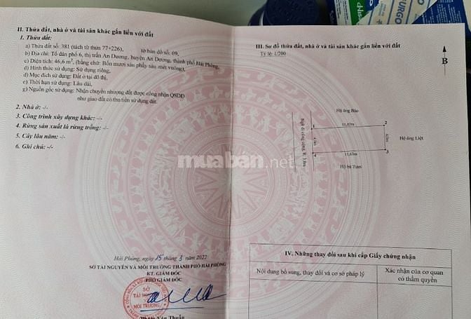 Cần bán lô đất tại tổ 6 thị trấn An Dương, An Dương, Hải Phòng.
