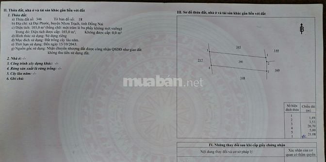 Chính chủ 103 m2 đất tại xã Đại Phước, huyện Nhơn Trạch