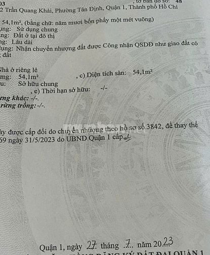 Chính chủ Bán nhà 2 mặt hẻm 124/2 Trần Quang Khải , Q1 -Hoa hồng 1%