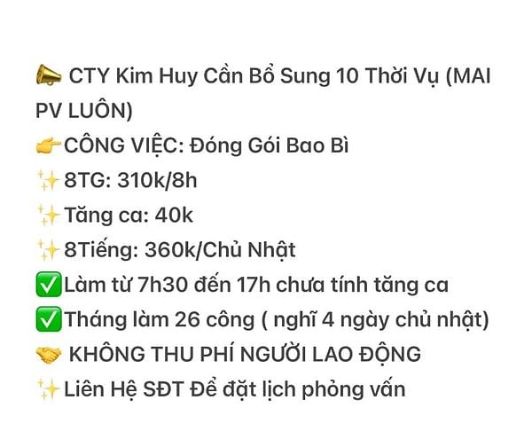 Cần Tuyển Gấp LDPT 15 Nam Nữ 18-55Tuổi