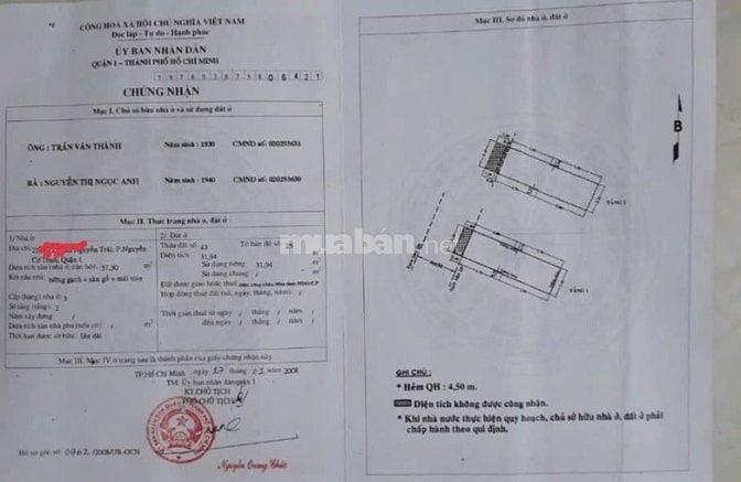 Cần bán nhà hẻm 212 Nguyễn Trãi, P. Nguyễn Cư Trinh, Q.1