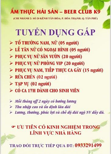 Cần tuyển nhiều vị trí nhà hàng & beer club