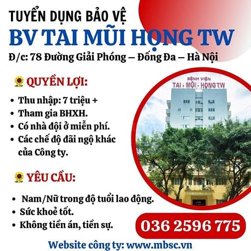 Tuyển bảo vệ Bệnh Viện Tai Mũi Họng TW