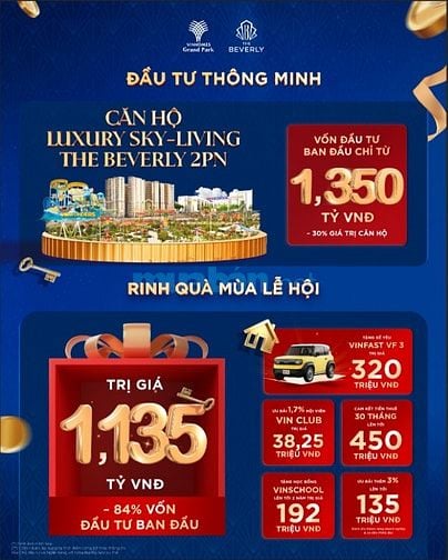 Mua CH 1PN+ 54m View Sông tại Beverly tặng xe VF3 VinFast, - CK 1,1 Tỷ