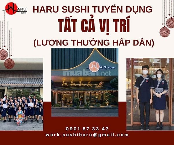 HARU SUSHI Tuyển phục vụ, tiếp thực, lễ tân, pha chế , thu ngân