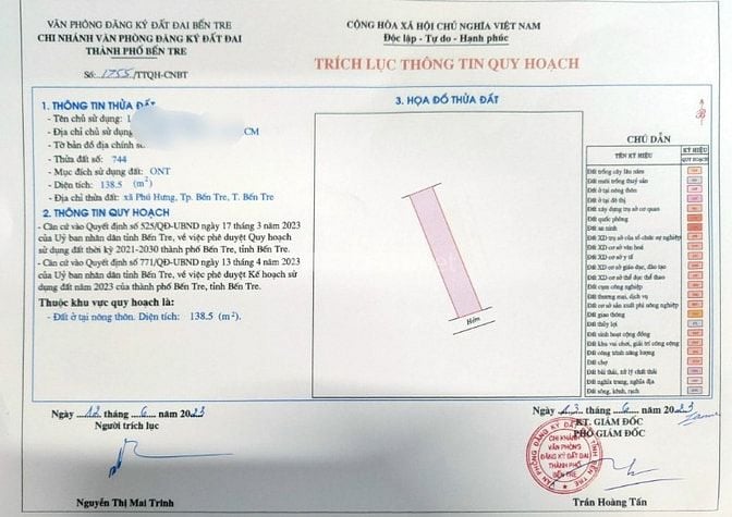 Bán đất nền thổ cư 100% Phú Hào Tp. Bến Tre 138,5 m2