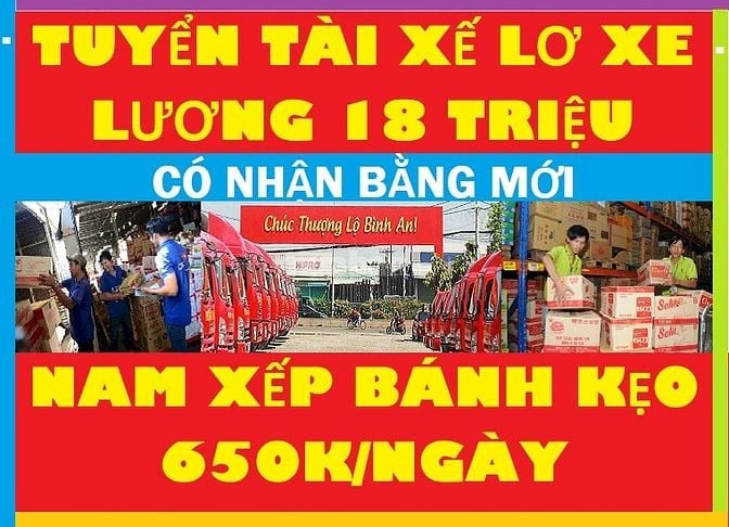 Bình Dương => Tuyển Tài Xế B2 C D Lơ Xe Xếp Bánh Kẹo 18 Triệu