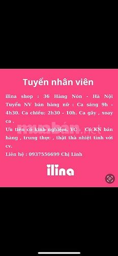 ILINA shop 36 Hàng Nón tuyển NV bán hàng. Làm theo ca, lương cao 