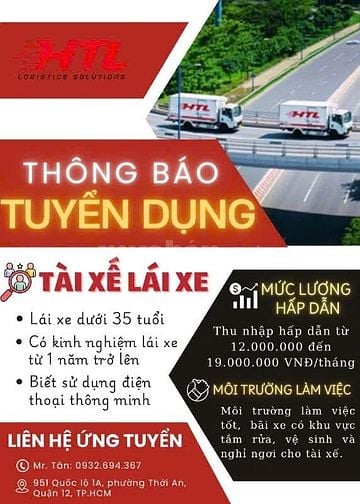 Công ty HTL cần tuyển tài xế b2, phụ xe và giao hàng xe máy