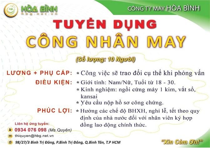 Tuyển công nhân may, công nhân khâu hoàn thành