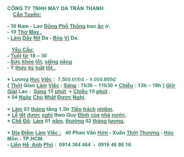 CTY MAY DA TRẦN THANH tuyển Nam LĐPT, thợ may làm nịt, bóp ví 