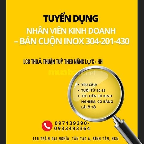 Cần tuyển nhân viên kinh doanh – bán cuộn inox 304-201-430