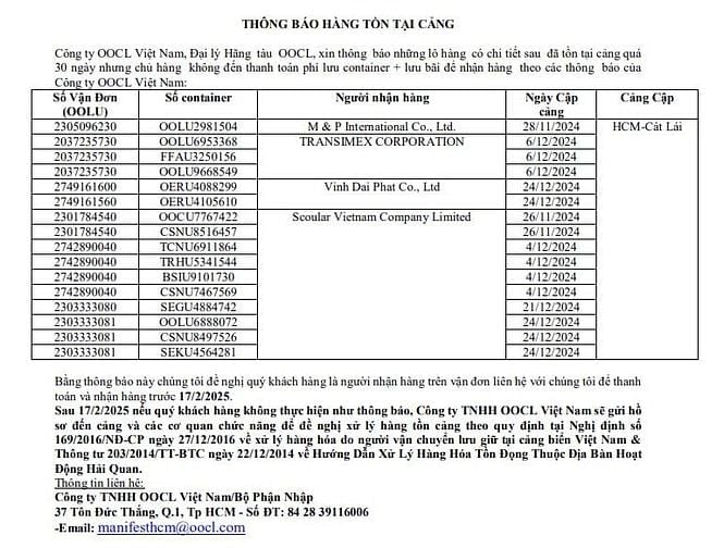 Công ty OOCL Việt Nam thông báo hàng tồn tại cảng quá 30 ngày