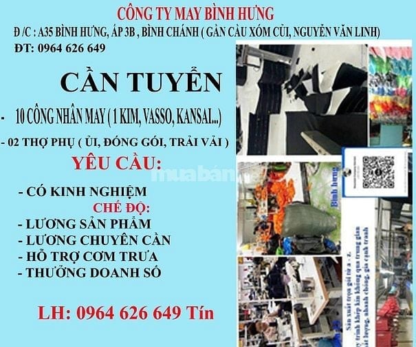 CẦN TUYỂN GẤP 15 CÔNG NHÂN MAY VÀ 04 THỢ PHỤ XƯỞNG MAY 