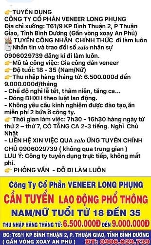 Công ty dán ép veneer, tuyển dụng lao động phổ thông