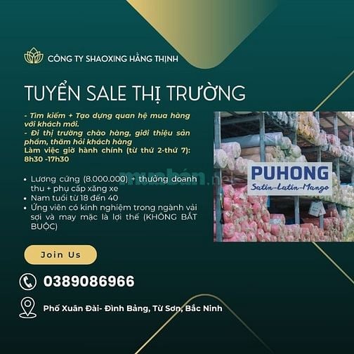 Cần tuyển nhân viên sale thị trường- Từ Sơn - Bắc Ninh