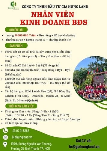 Tuyển nhân viên kinh doanh BĐS lương cứng 8 tr -15 triệu/ tháng