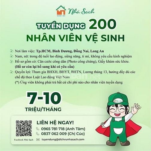 Tuyển dụng Nhân viên vệ sinh khu vực miền Nam