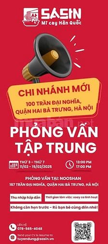 SASIN CHI NHÁNH HÀ NỘI tuyển phục vụ, bếp, thu ngân đi làm ngay